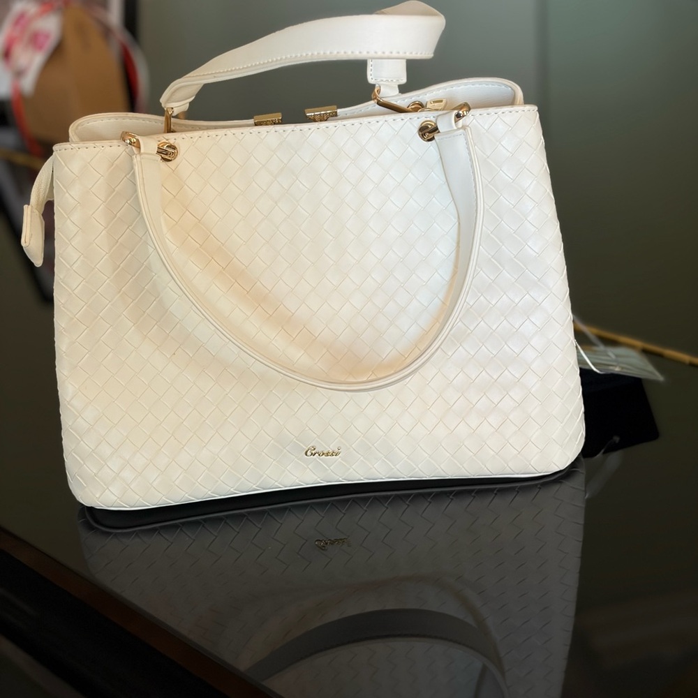 White Woven Leather Tote Bag
